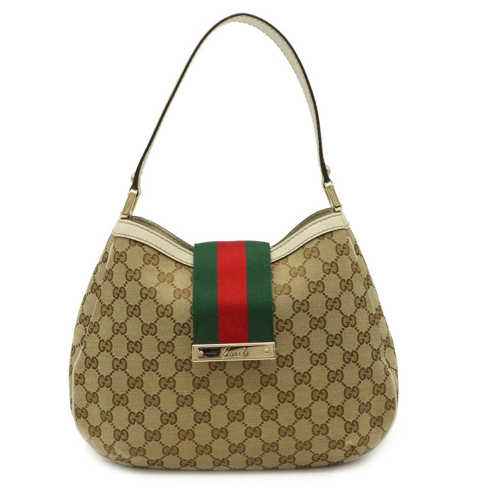 Gucci GG Canvas Sherry Shoulder Bag Hobo Leather Beige Brown Cream Ivory White